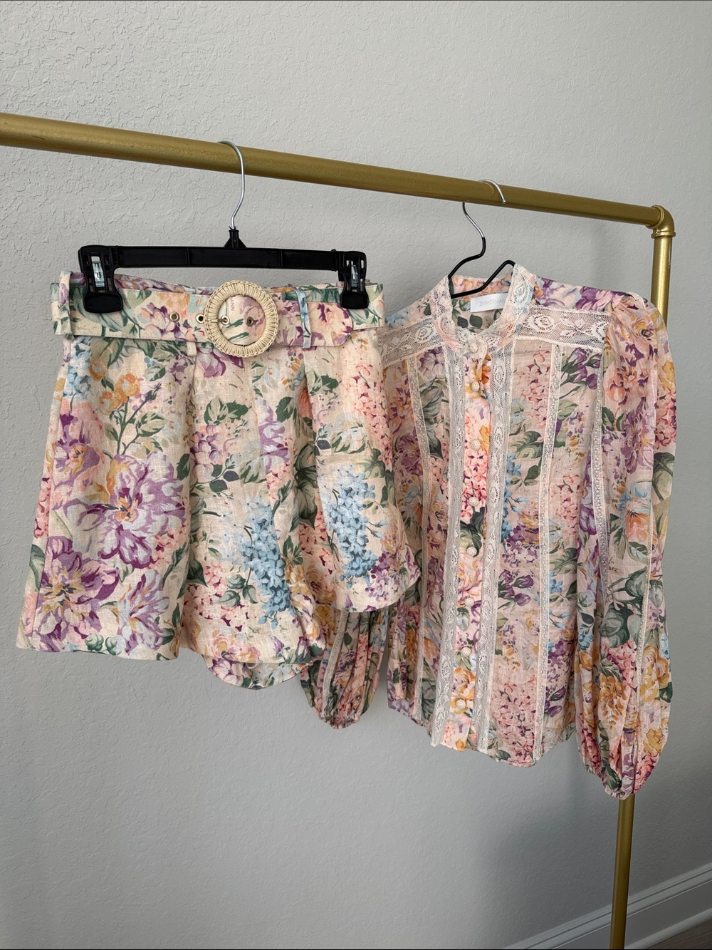 Zimmermann Floral Peasant Blouse and Shorts Set in Pastel Peach and Green
